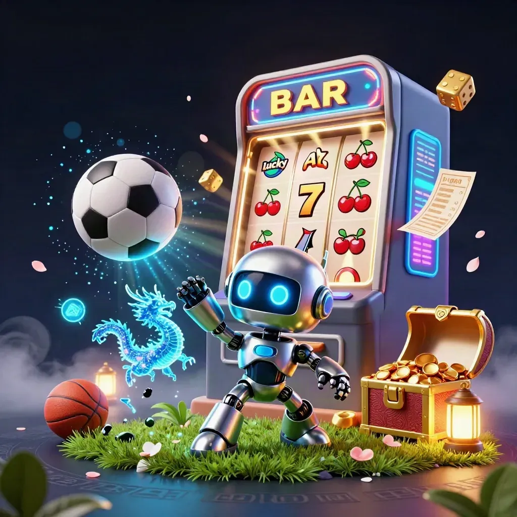 Chrome robot, holographic dragon and coin drone around a frozen soccer ball with casino sparks.