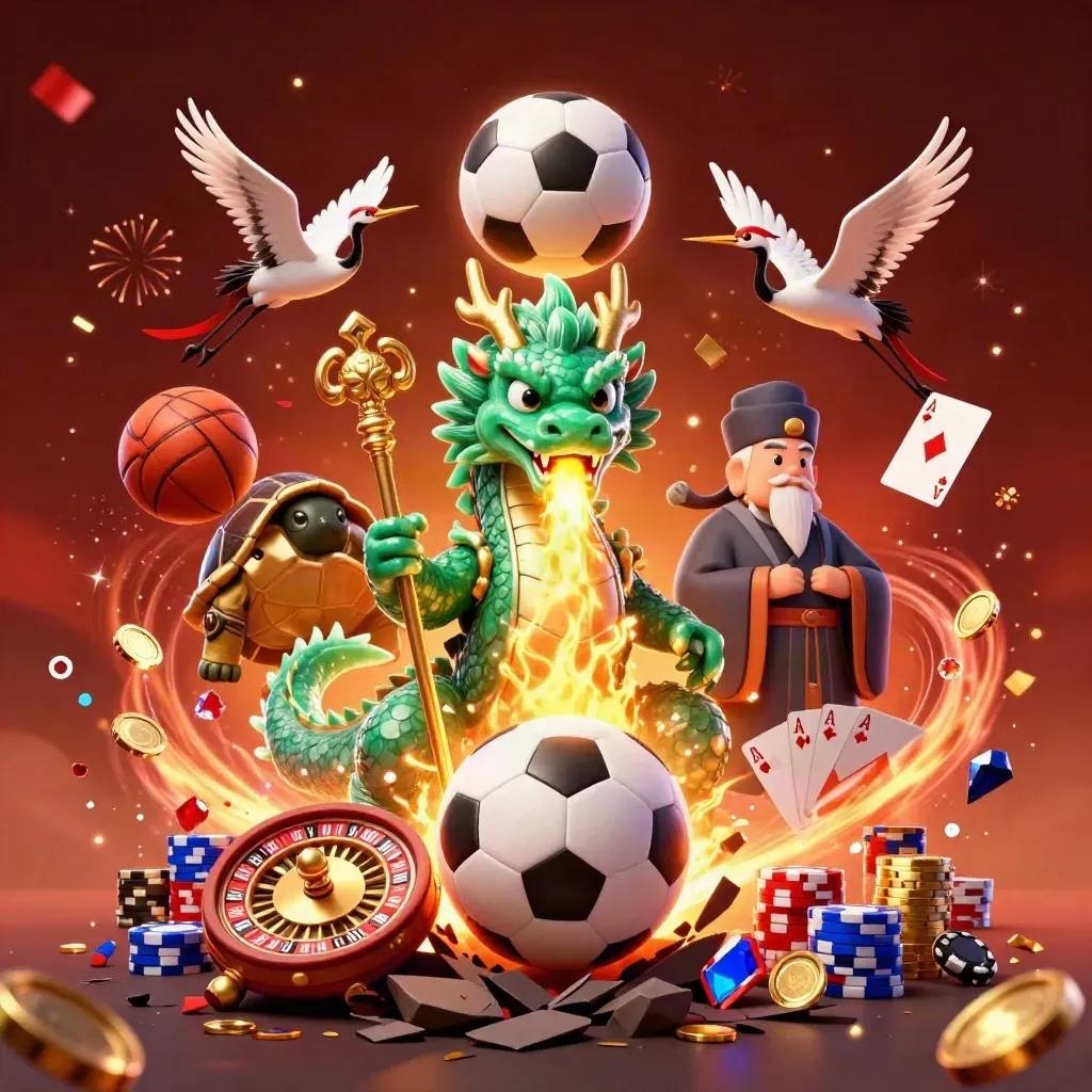 Emerald dragon, turtle sage, cranes, casino items, and flying balls in a fiery cinematic burst