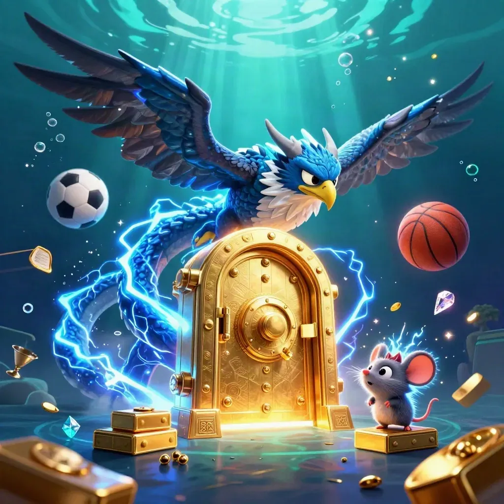 Thunder dragon, hawk and mouse amid treasure, gold, balls and glowing underwater casino light.