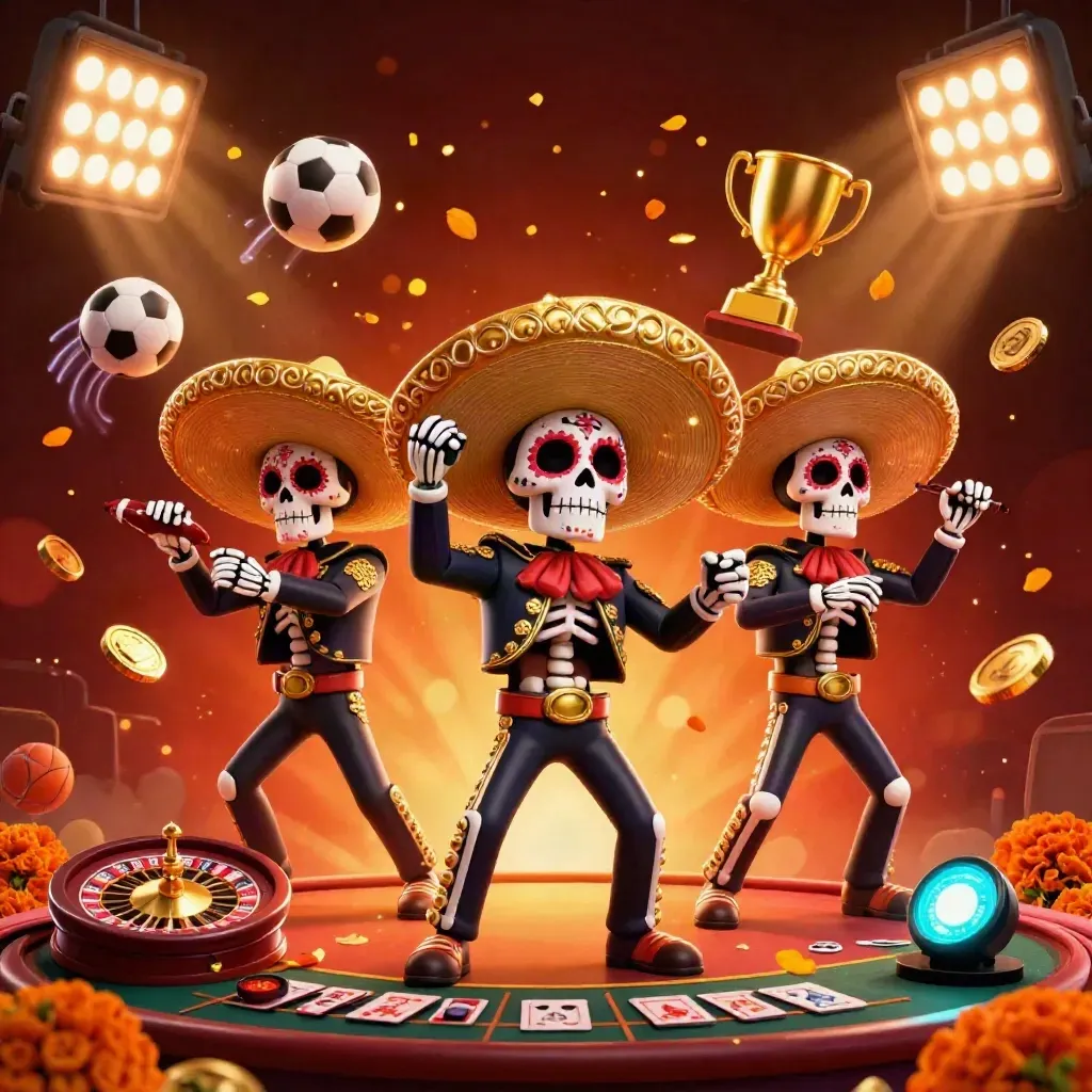 Mariachi skeleton trio amid casino props, glowing lights, flying sports balls, and gold coins