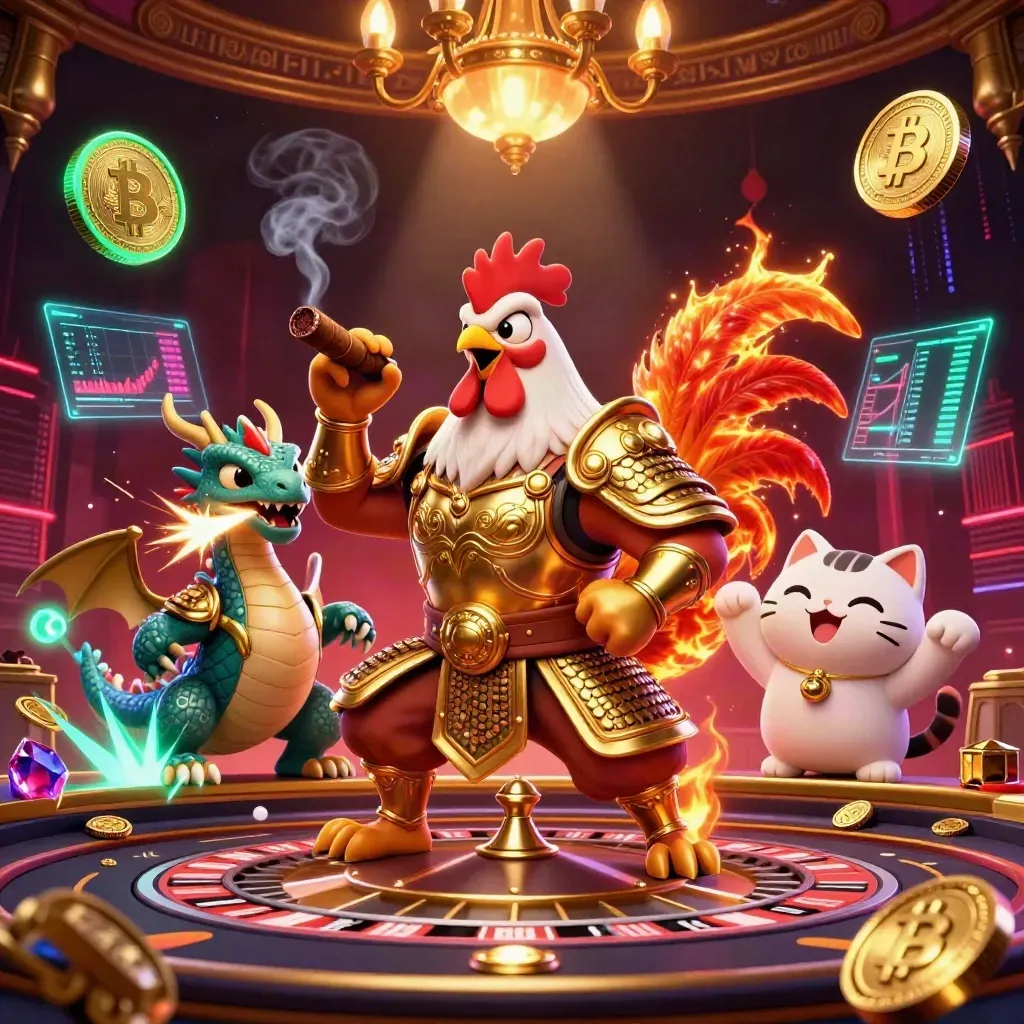 Rooster samurai, spark-breathing dragon hatchling and lucky cat amid neon coins in a luxe casino room.