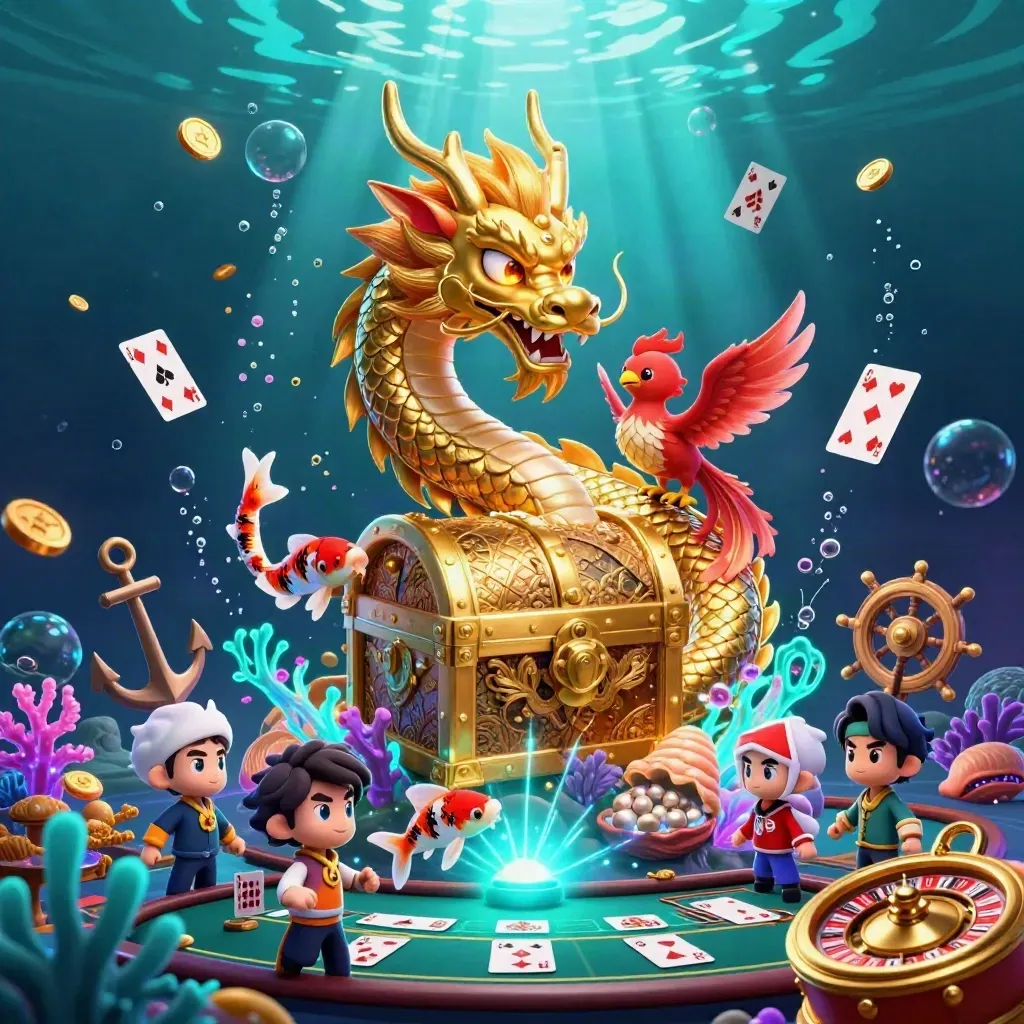 Golden dragon, phoenix and koi over treasure chest in glowing underwater casino cove.