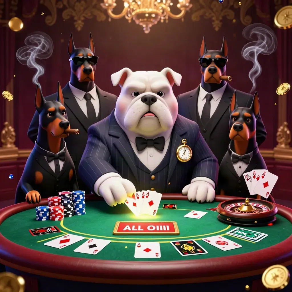 Bulldog boss and Doberman guards at a luxe casino table with chips, cards, and glowing gold light.