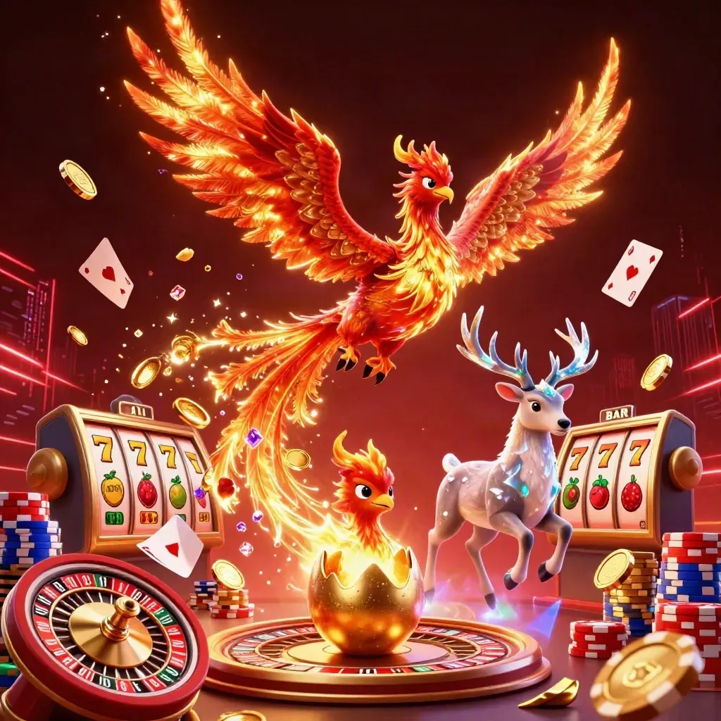 Phoenixes and a crystal stag amid coins, cards, chips, and neon casino energy.