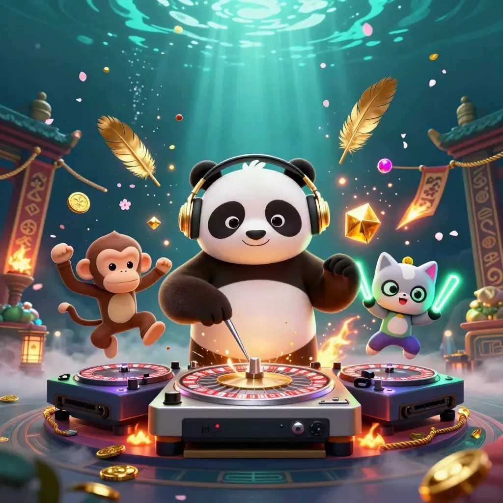 Panda DJ, dancing monkey and glow-stick kitten amid coins, temple gate and neon-green casino magic