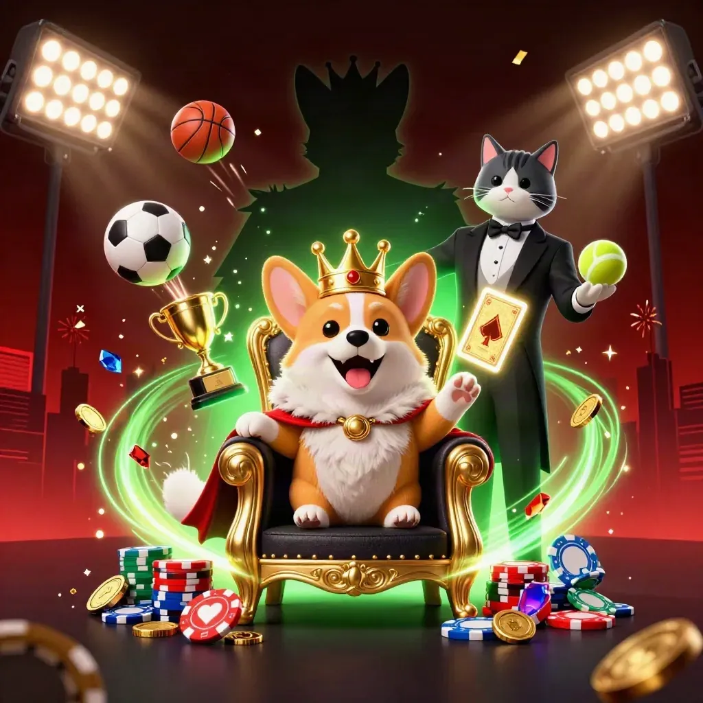 Crowned corgi and cat butler amid flying sports balls, gold coins, fireworks, and neon-green glow.