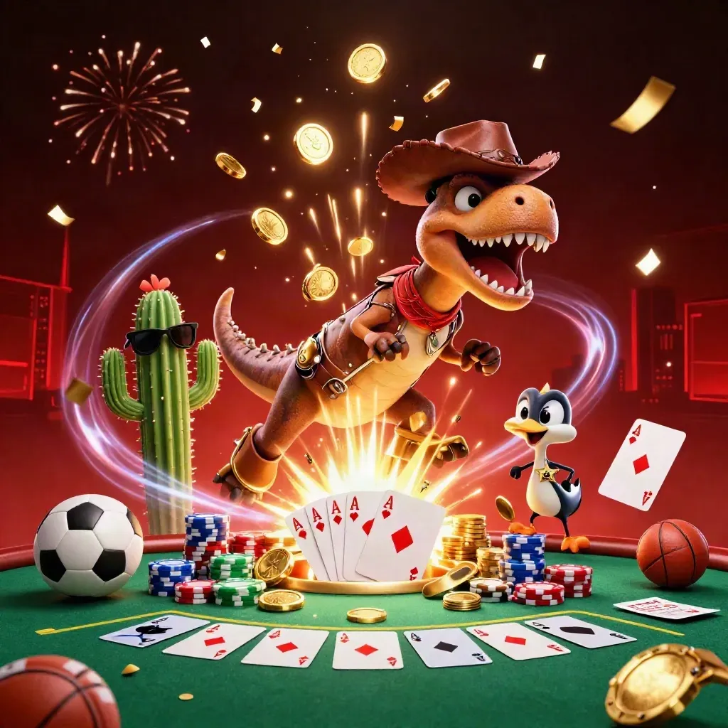 Cowboy T-Rex, cactus, and roadrunner burst amid gold coins, chips, cards, fireworks, and casino energy
