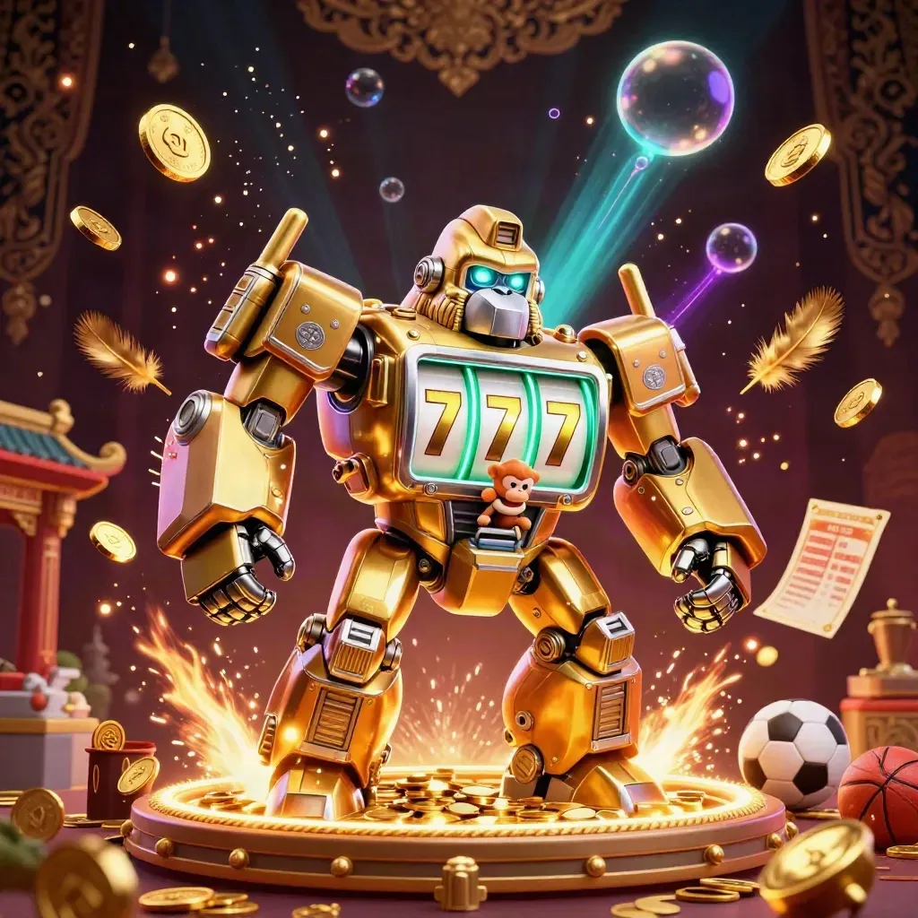 Golden gorilla mech with monkey pilot bursts from a treasure vault amid coins, fireworks and casino symbols