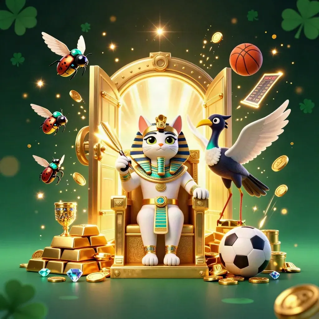 Pharaoh cat throne scene with vault burst, gold, coins, gems, and sports icons