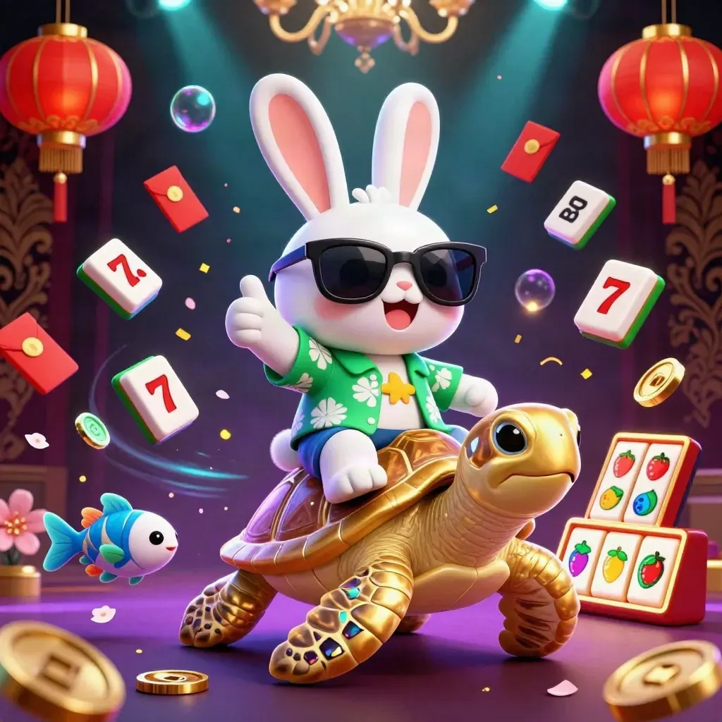 Lucky rabbit rides a golden sea turtle amid casino symbols, neon glow and dark luxe damask.