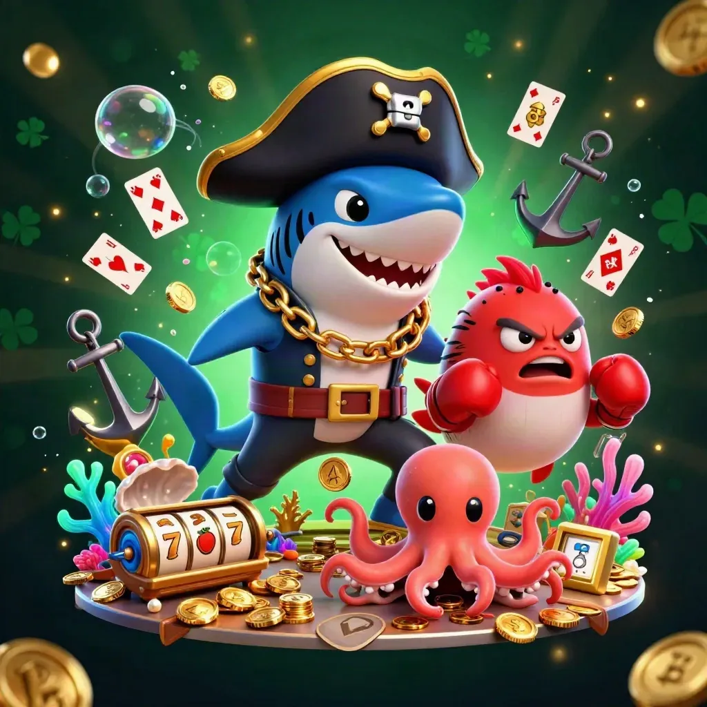 Pirate shark, boxing pufferfish, and juggling octopus in a gold coin casino burst