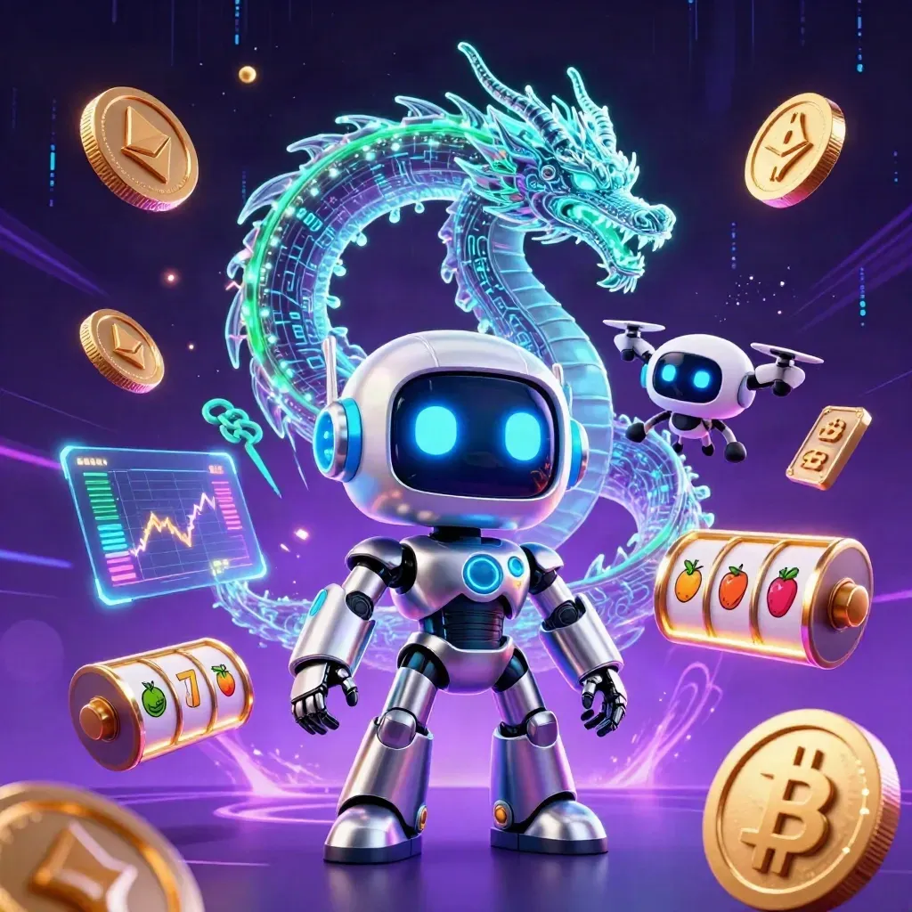 Chrome robot, holo dragon and coin drone amid neon casino effects, coins and slot symbols.