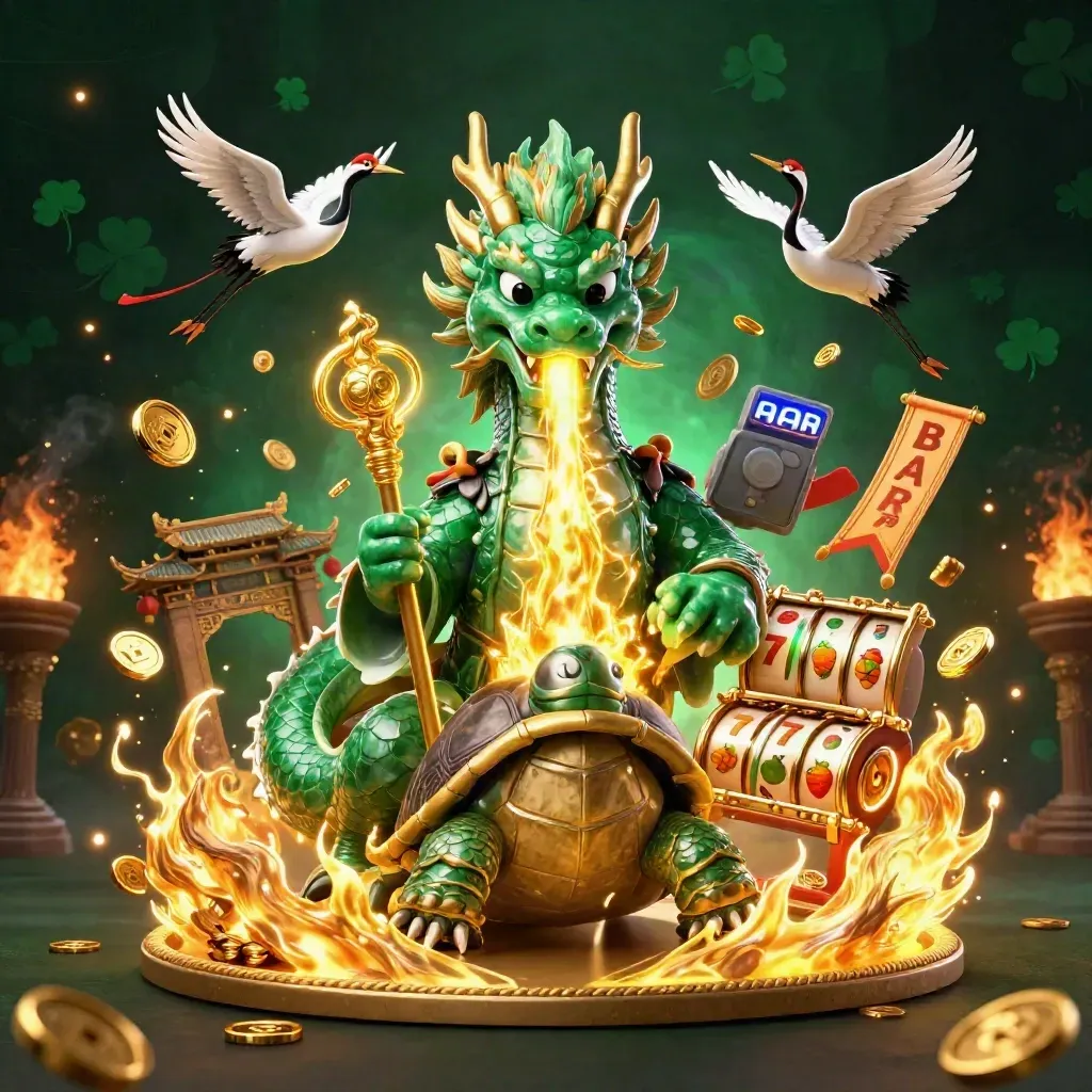 Emerald dragon, turtle sage, and cranes amid gold fire, temple gate, coins, and slot symbols.