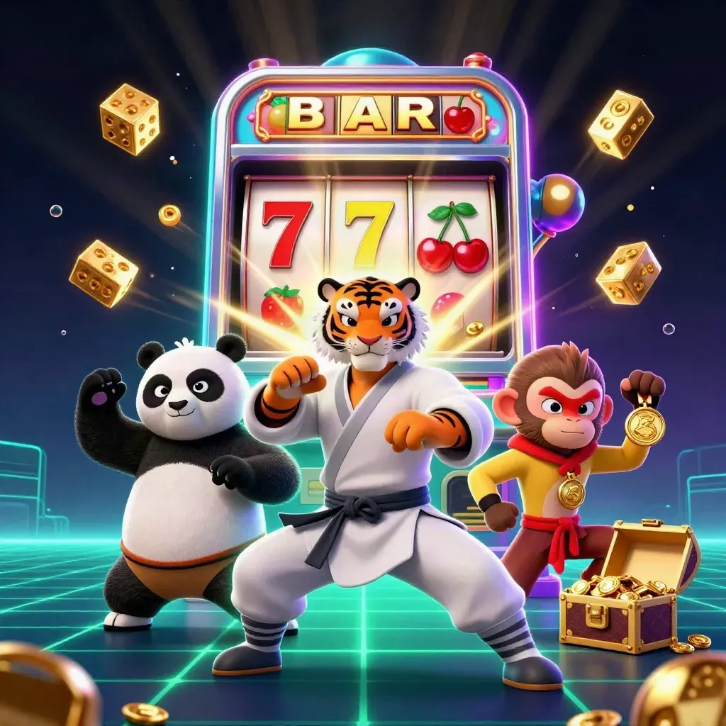 Kung-fu tiger, panda, and monkey burst around slot reels, dice, chest, and jackpot glow
