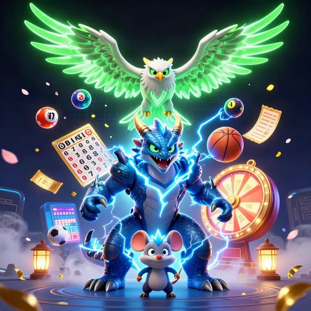 Thunder dragon, wind hawk, and static mouse amid casino rewards and neon sports gear.