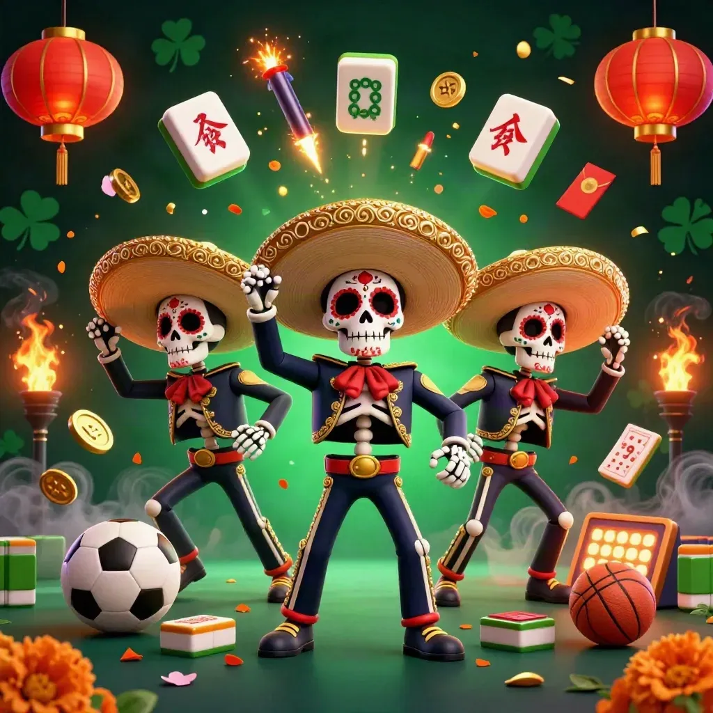 Mariachi skeleton trio amid neon casino objects, gold sparks, lanterns, coins, and sports odds glow