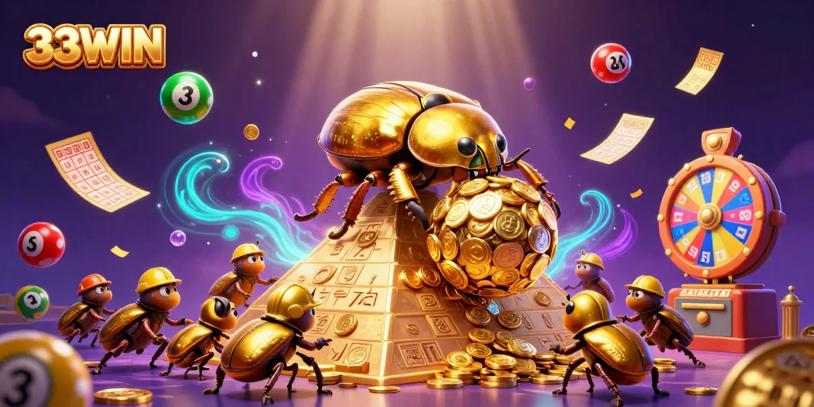 33WIN slots jackpot scene featuring golden coins, colorful lottery balls, and prize elements.