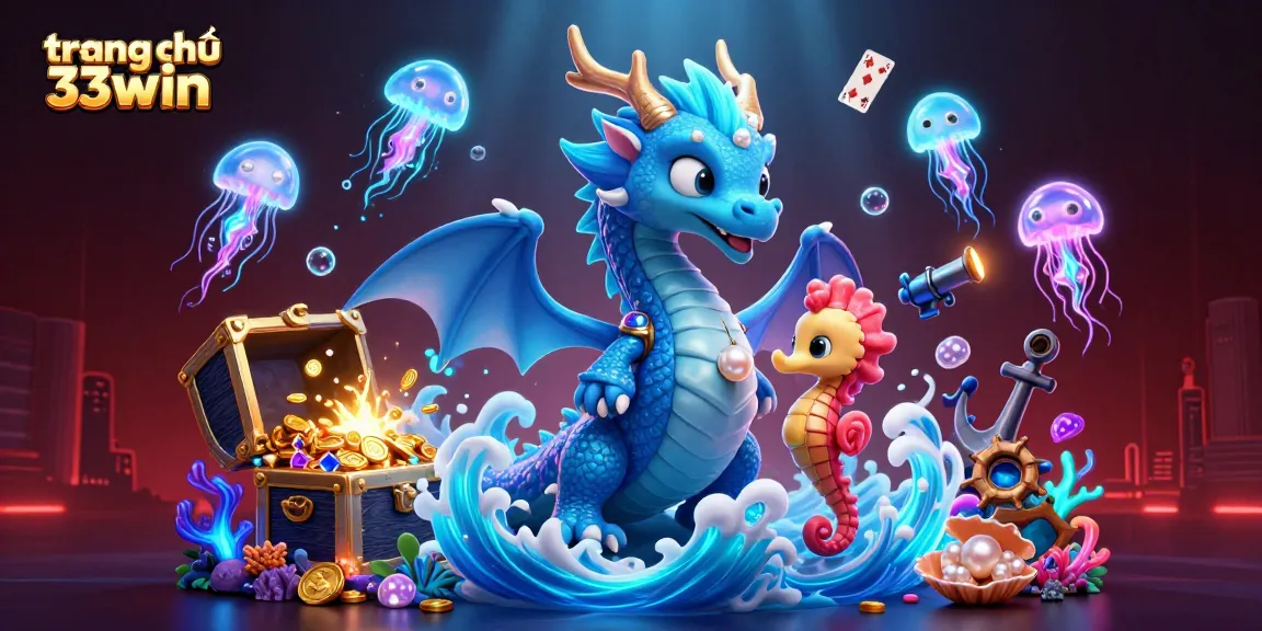 Experience the dynamic allure of trang chủ 33win with an azure dragon and seahorse in a vibrant gaming realm.