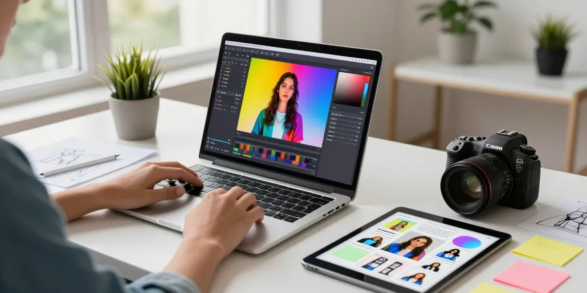 Creating stunning visuals with a free AI image editor in a bright, modern workspace.