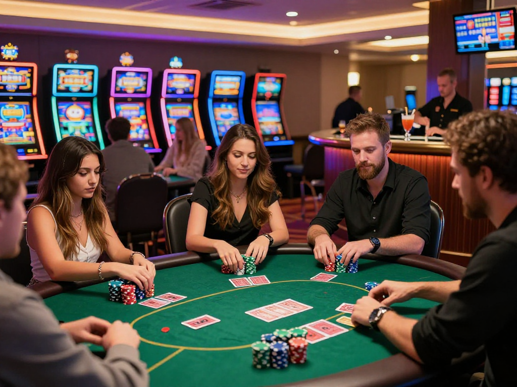 Giocatori felici in un casinò non aams sicuri, immersi in una partita di poker con luci brillanti e ambiente vivace.