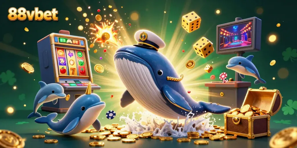Engage with 88vbet's thrilling gaming world, featuring a whimsical whale and playful dolphins.