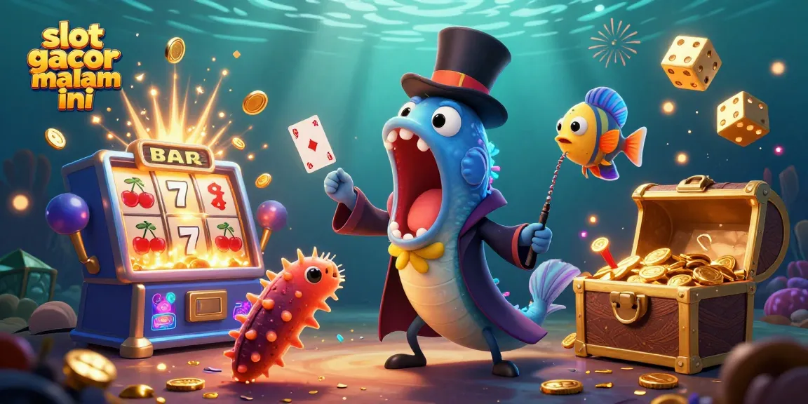 Playing slots and winning with slot gacor malam ini in a vibrant underwater casino scene.