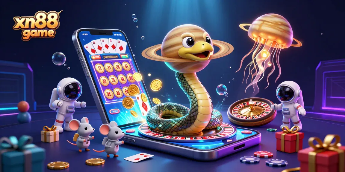 Engage with xn88 game in excitement as astronaut mice bet on a cosmic roulette wheel with vibrant slot game elements.