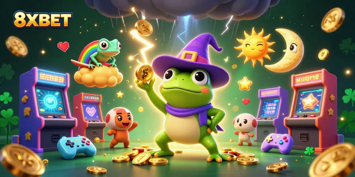 Experience the excitement of 8XBET with a cartoon lightning frog creating golden coin storms and vibrant gaming elements.