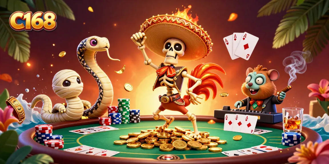 C168's skeleton mariachi rooster celebrates amidst poker chips and coins in a lively casino scene.