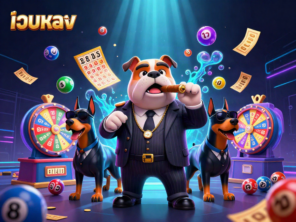 Engage with เว็บตรง as a mafia boss bulldog commands the jackpot scene, flanked by bodyguards.