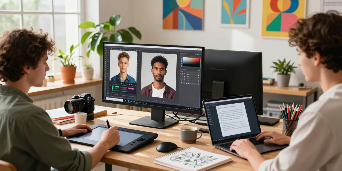 Digital artists collaborating on Nano Banana 2 AI image editor in a creative workspace