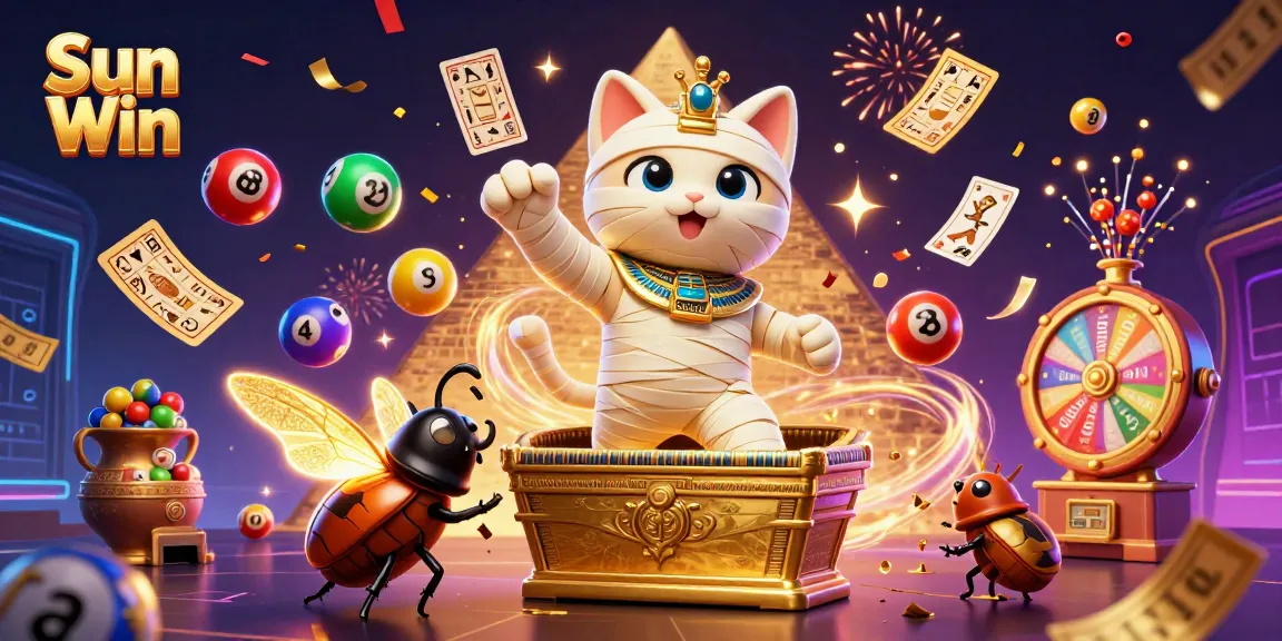 Sun Win reveals vibrant lottery elements, energetic mummy cat, and dazzling casino vibe.