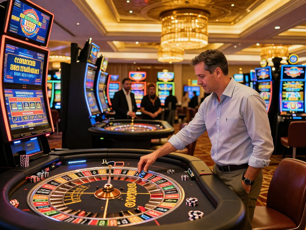 Giocatore interessato a casino non AAMS sicuri mentre scommette al tavolo della roulette in un ambiente di lusso.