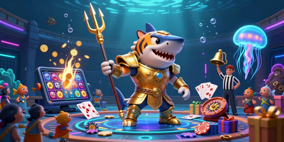 Experience the excitement of sunwin with a dynamic underwater casino featuring a shark gladiator and vibrant slot elements.
