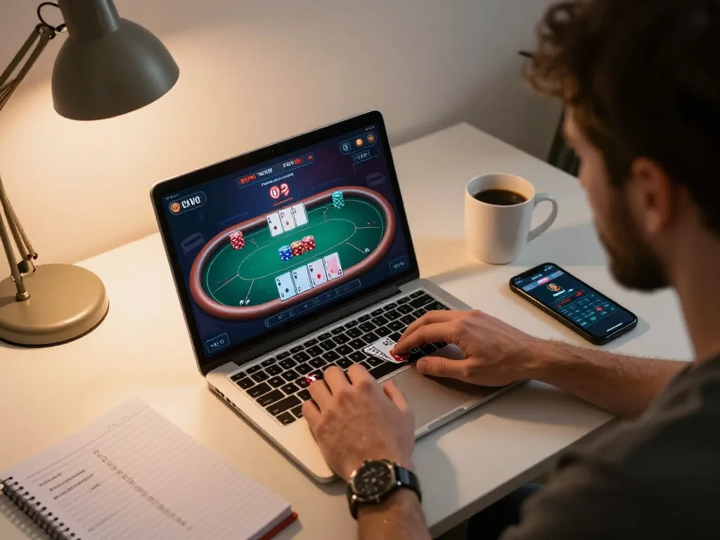 kwin online poker gameplay in a cozy home office setting, with player focused on laptop