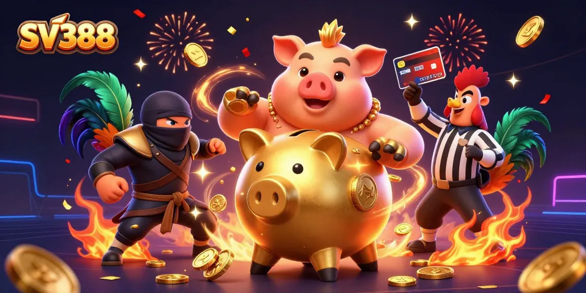 Engaging SV388 illustration depicting a golden piggy bank sumo wrestler and ninja in a lively cockfighting scene.