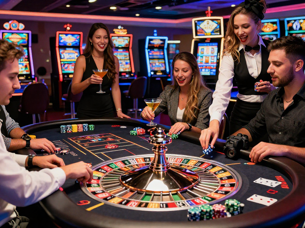 Giocatori al tavolo della roulette nel casino non aams sicuri, atmosfera vivace e coinvolgente
