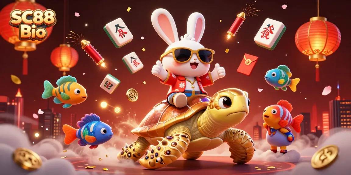 Play and win with SC88 Bio in this vibrant casino-themed illustration featuring a lucky rabbit!