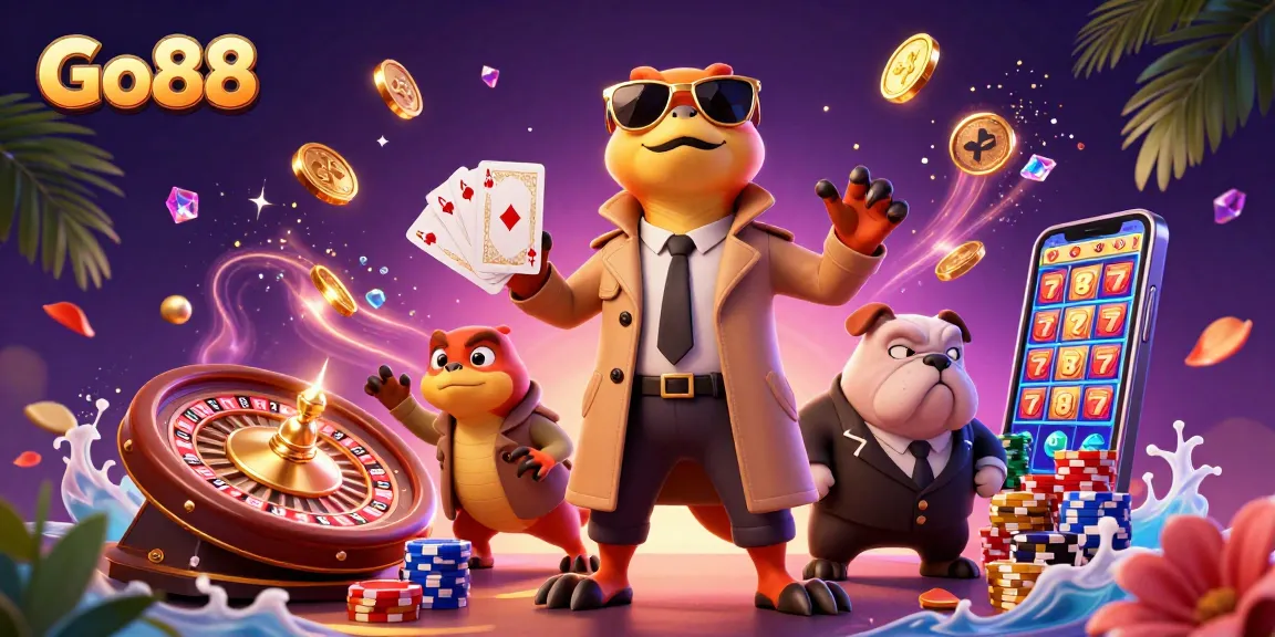 Go88 raptors entering casino with sparkling gems and coins, showcasing VIP gaming excitement.