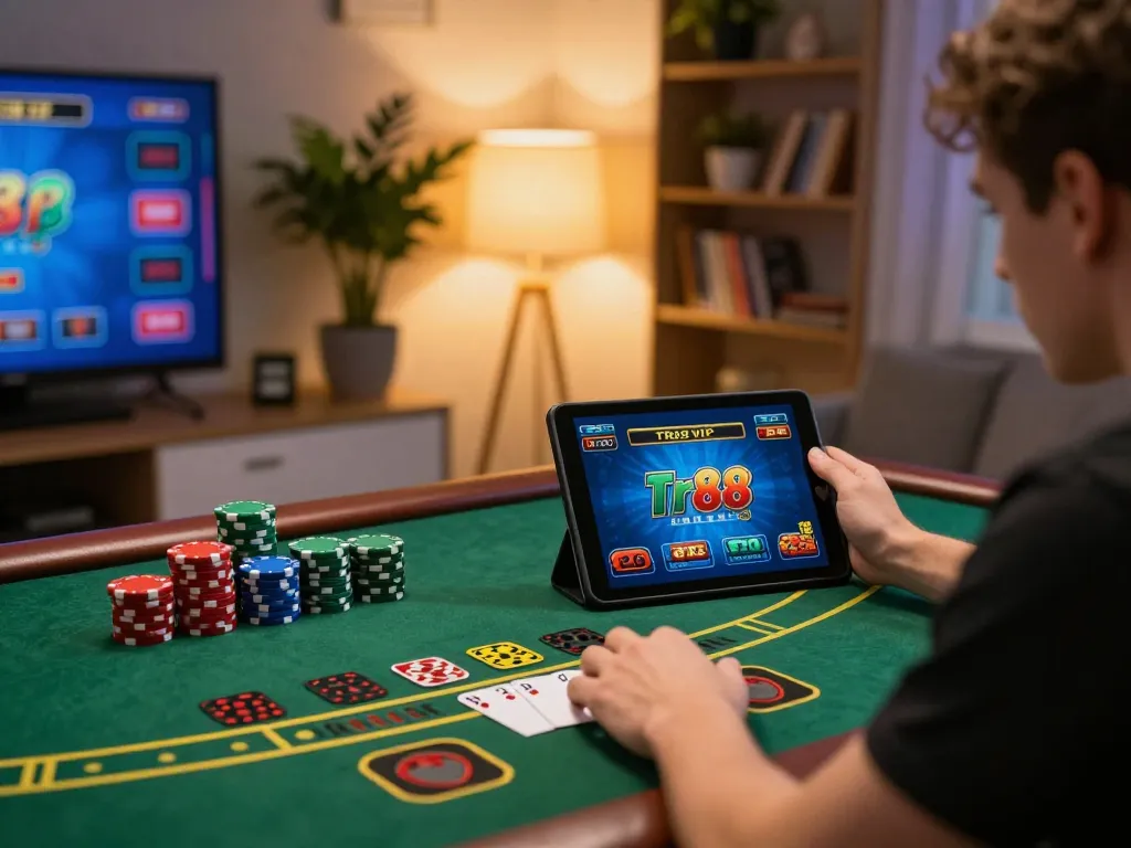 Engaging in tr88 vip online gaming with live dealer blackjack on a tablet in a cozy home setup.