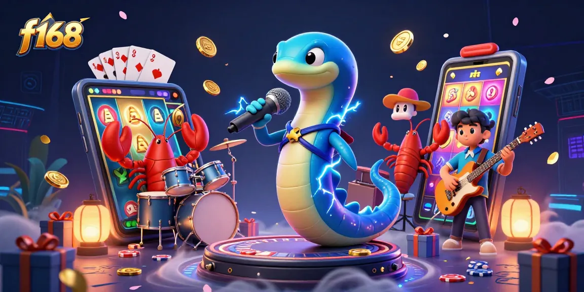 Experience f168's exciting casino scene with an electric eel DJ and vibrant gaming elements!