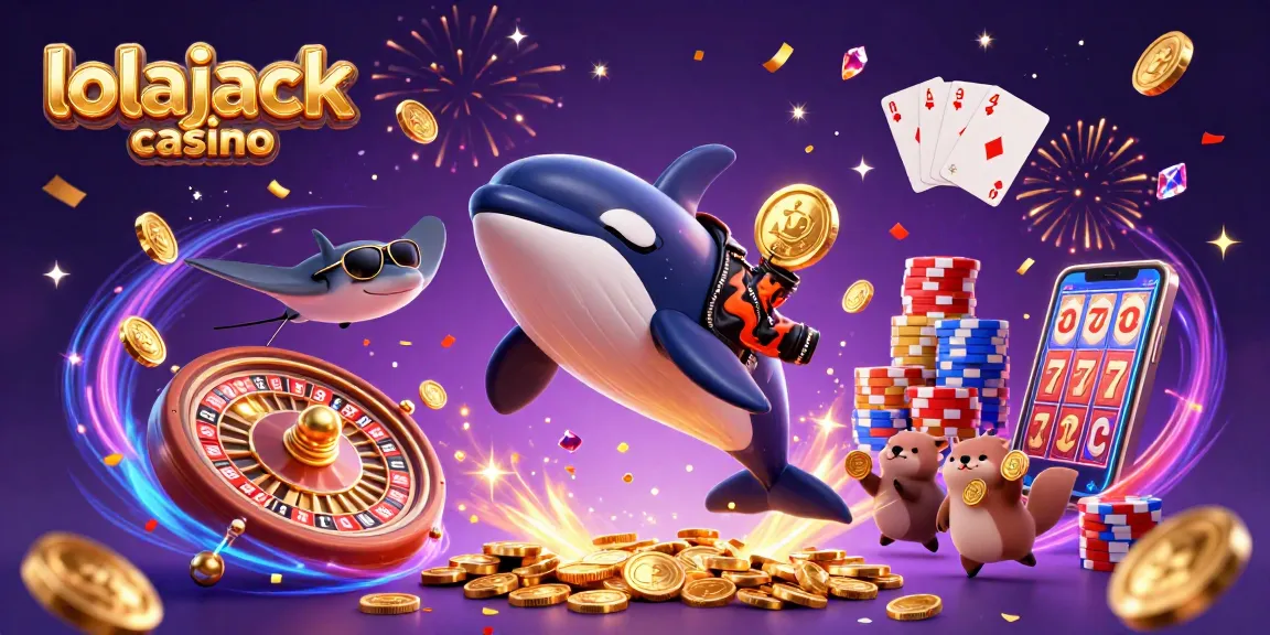 Experience thrilling games at Lolajack Casino with an exciting illustration featuring playful sea creatures and casino elements.