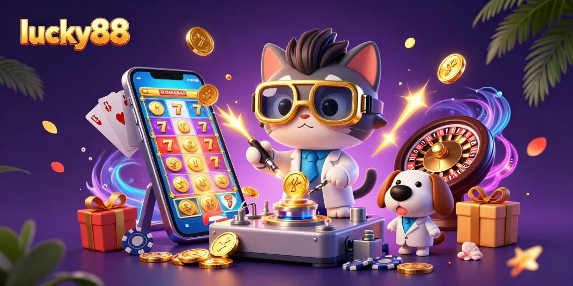 Engage with lucky88's vibrant 3D casino illustration showcasing a mad scientist cat and assistant amidst thrilling game elements.