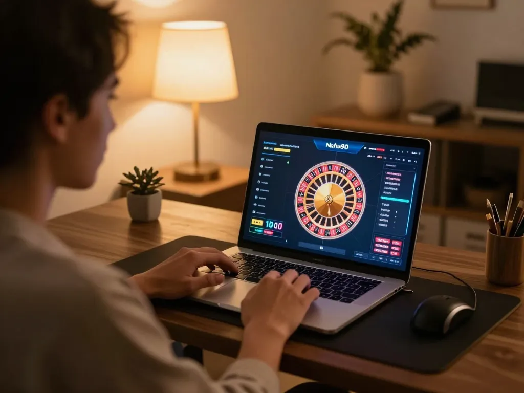 Nohu90 online gaming excitement with a user engaged in virtual roulette gameplay at home