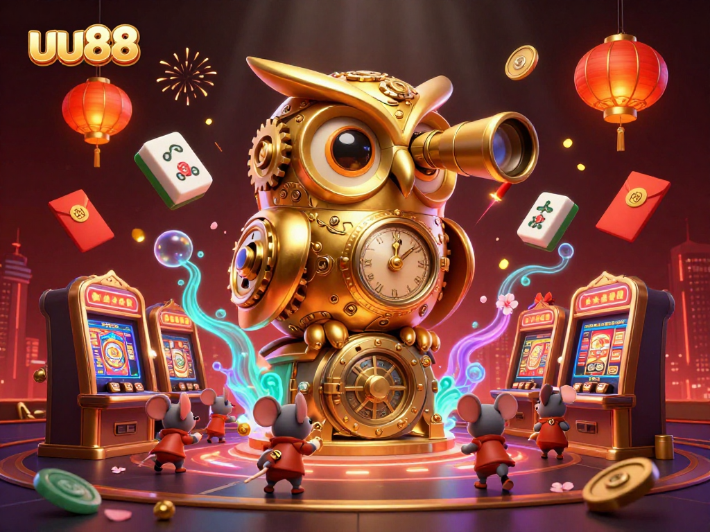 Experience uu88 thrills with a golden owl overseeing exciting casino action and mouse patrons amidst vibrant gaming elements.