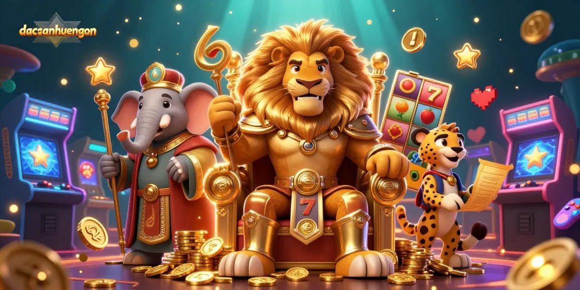 Experience the thrilling dacsanhuengon casino adventure with a majestic lion king and vibrant slot games.