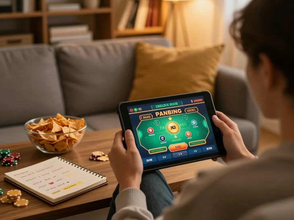 Player engaging with vin88lk online casino app at home, showcasing gaming strategy and comfort.