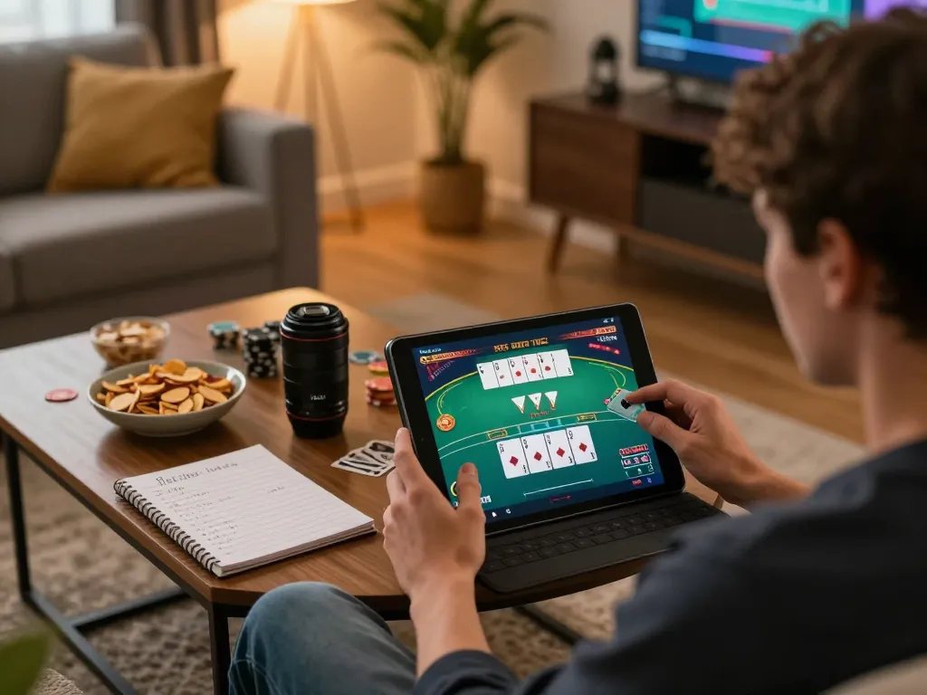 Playing exciting casino games on lc88 in a cozy home setting with a tablet interface.