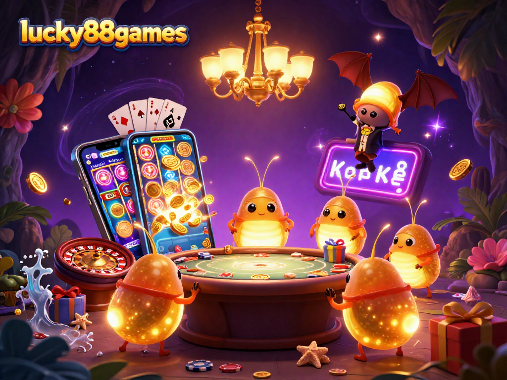 Experience lucky88games in a vibrant casino scene with animated glowworms illuminating gaming action.