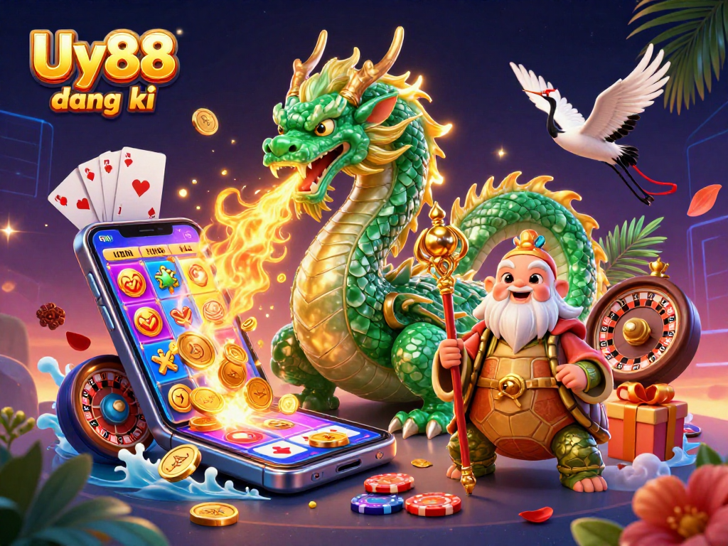 Experience thrilling gameplay with Uy88 đăng ký at a vibrant casino featuring a jade dragon and slot games.
